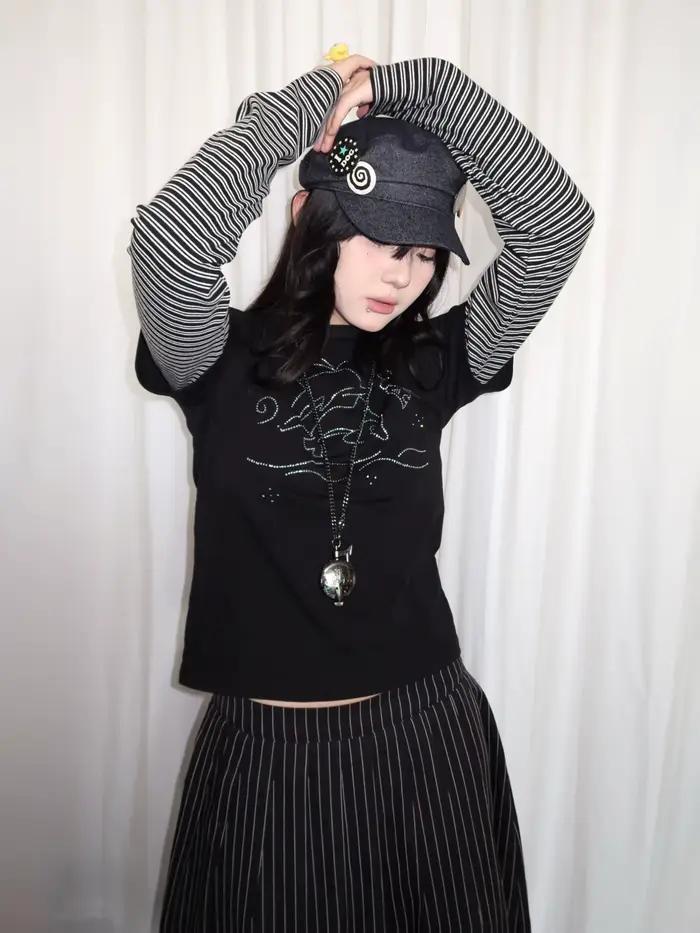 Tonngirl Y2k T-shirt Vintage femmes à manches longues Patchwork japonais années 2000 Grunge hauts St