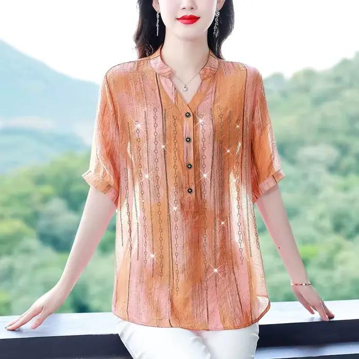 Haut en mousseline de soie imprimé pour femme, T-shirt mince, col en V, orange, grand anciers imprim