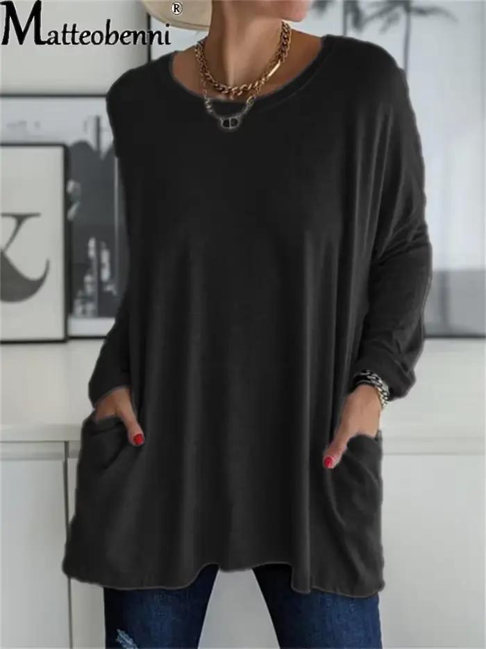 Tunique à manches longues et col rond pour femme, haut avec poche, couleur unie, ample, Streetwear, 