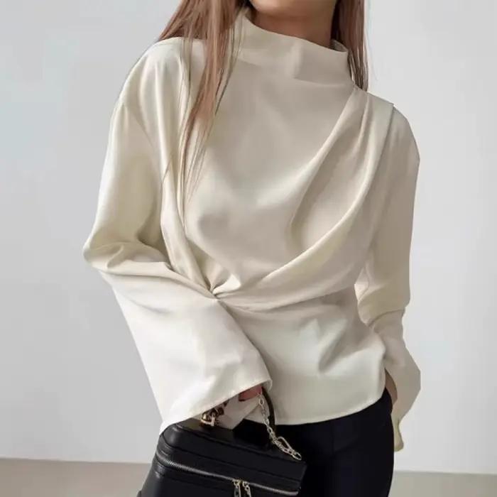 Chemisier en satin pour femme, style français, col montant, taille drapée, manches longues évasées, 
