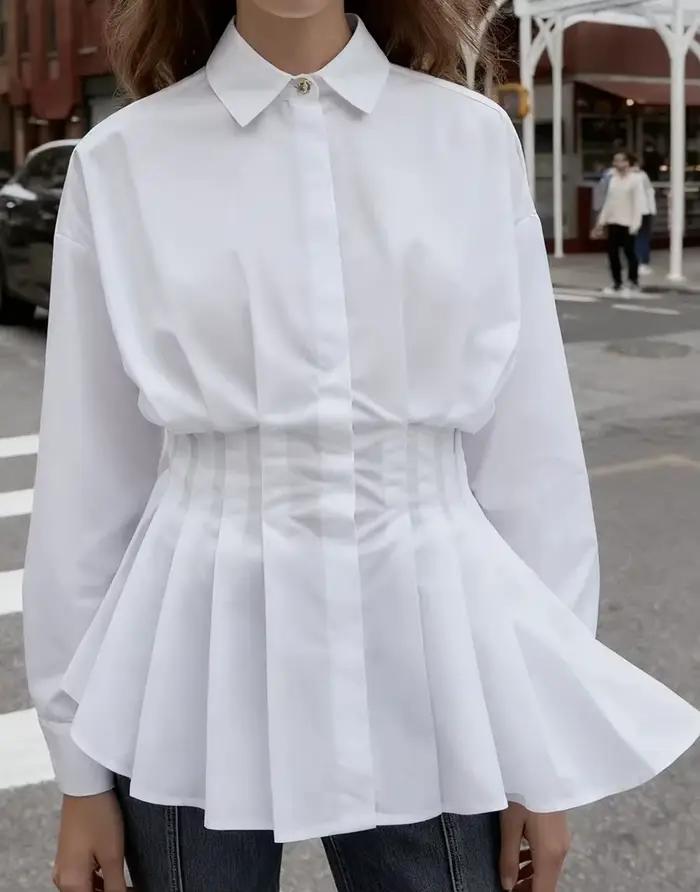 Blanc 100% coton Blouse chemise pour haut pour femme à manches longues une taille ajustée plissé Des