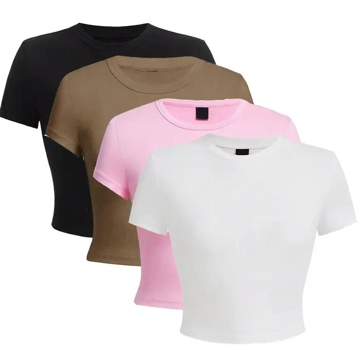 Y2K – haut court en coton solide pour femme, T-Shirt à manches courtes, haute élasticité, doux, col 