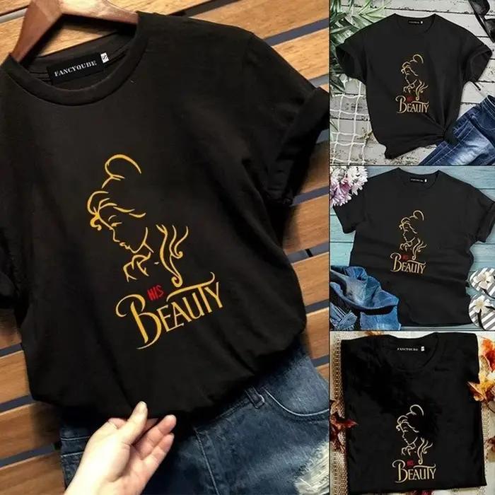 T-shirt col rond pour couple, estival et décontracté, à la mode, avec imprimé de la Belle et la Bête