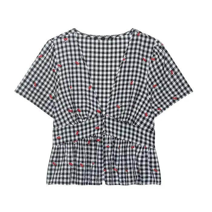 Haut brodé à carreaux pour femme, nouvelle collection été 2026, col en V, style vacances, chic et or