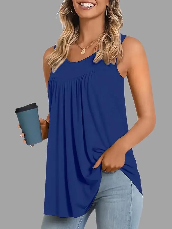 Chemisier tunique plissé fluide sans manches de couleur unie pour femme, grande taille, col rond, dé