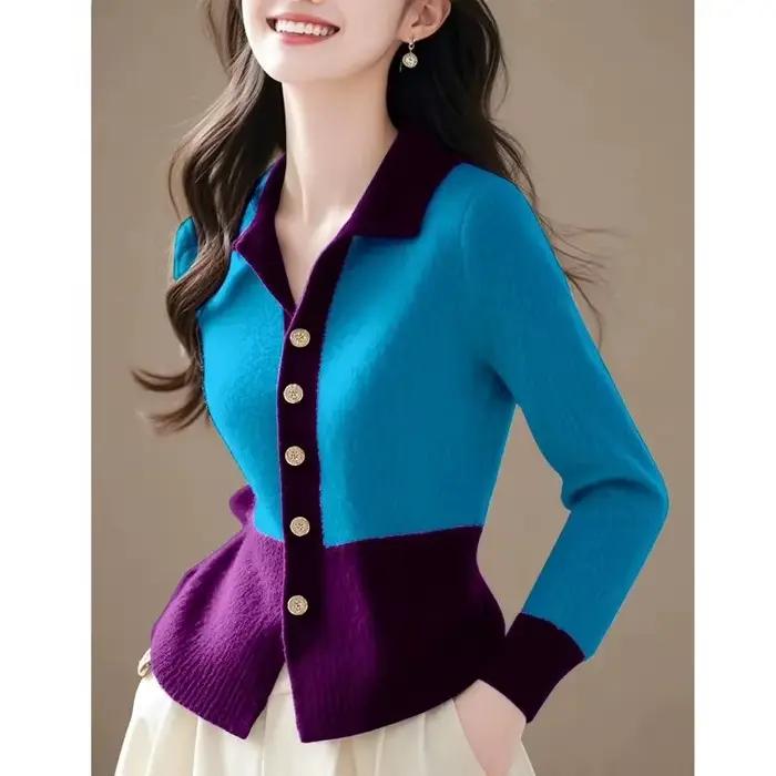 Femmes pull tricoté 2026 nouveau printemps automne mode col Polo couleur bloc tricots Cardigan mante