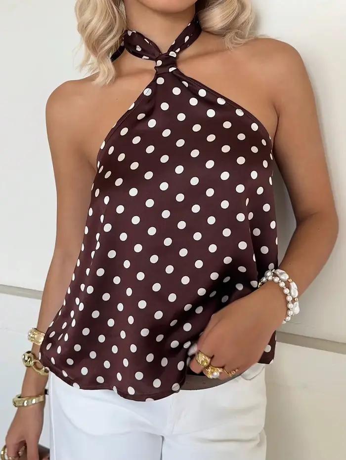 Haut en polyester non extensible à pois licou avec nœud pour femme pour les occasions estivales et printanières