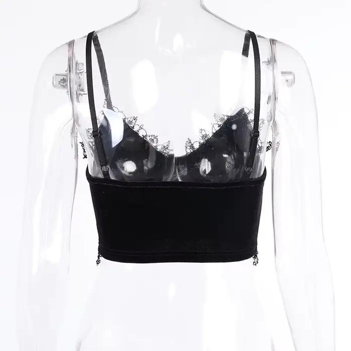Débardeur en velours Y2K garnitures dentelle noire pour femme style sexy club occasions spéciales sorties nocturnes