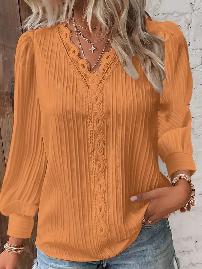 Chemisier Blanc en Mousseline de Soie avec Coutures en Dentelle Col en V pour Femmes Occasions Spéciales Automne Hiver