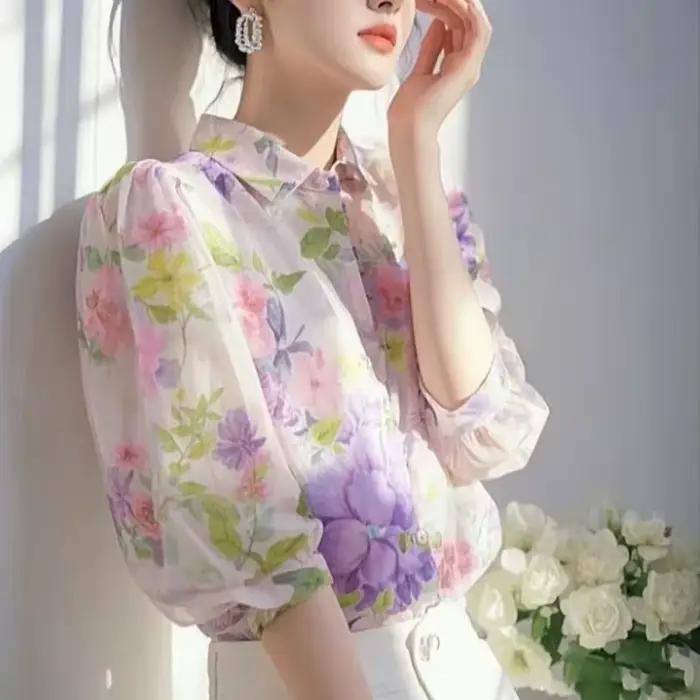 Élégant style français beau chemisier en mousseline de soie florale violette pour femmes