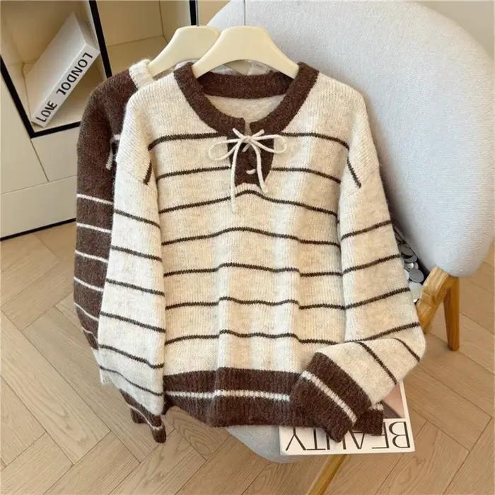 Pull-over en tricot rayé kaki à manches longues pour femme
