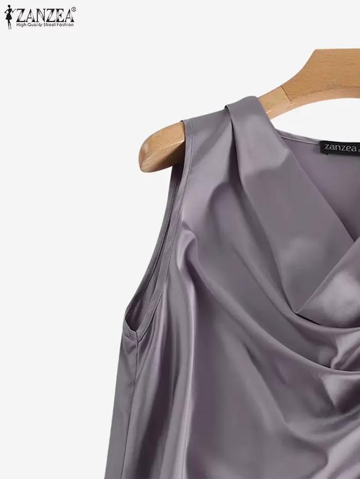 ZANZEA femmes Satin débardeurs élégant col bénitier sans manches Blouse mode coréenne soie couleur unie réservoirs bureau dame Sexy Camisole