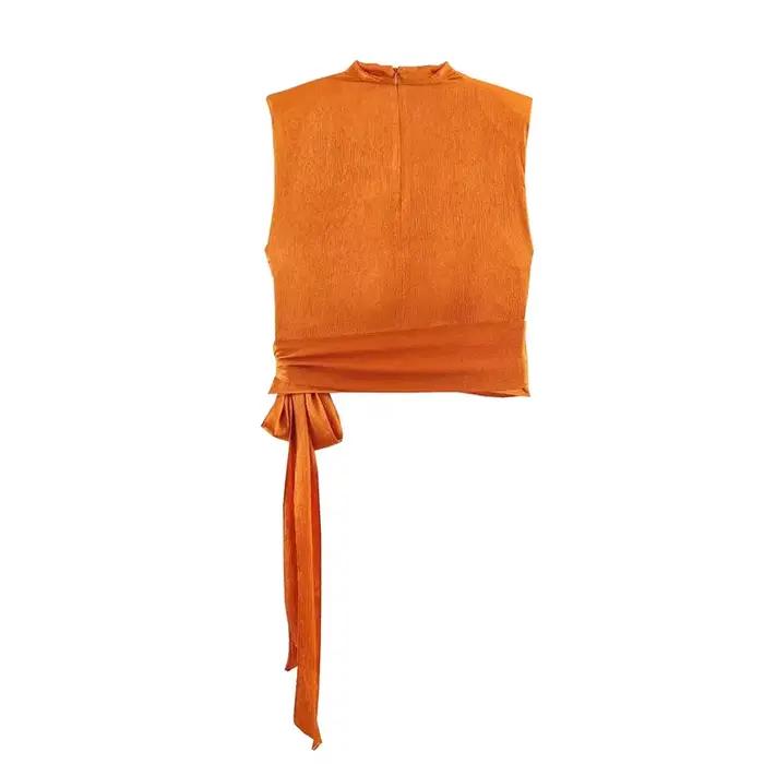 Haut pour femme Nouvelle Collection Printemps 2026 Orange Sans Manches Texture Satinée Longue Tresse Élégant et Stylé Tendance Unique