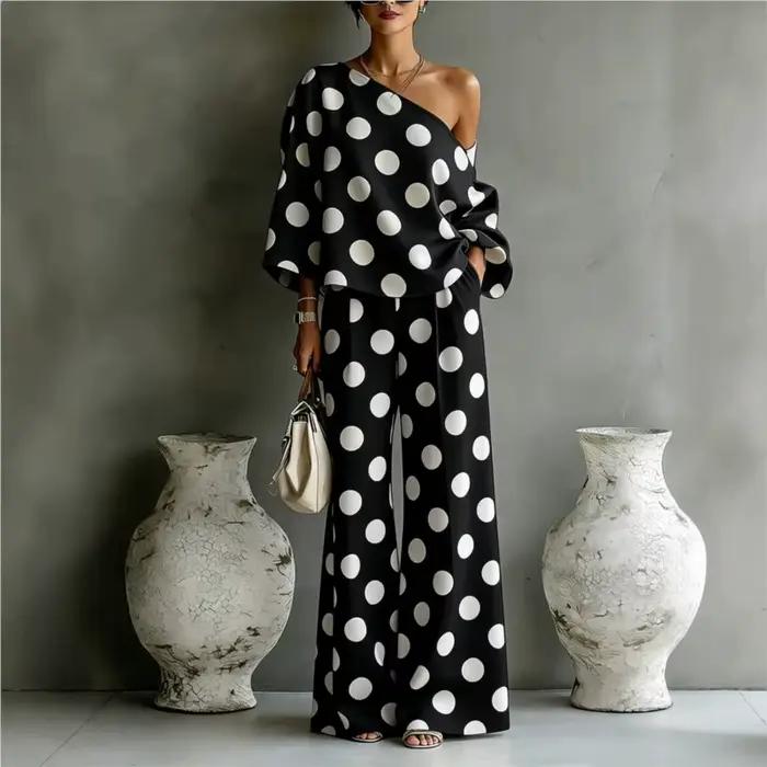 Ensemble 2 pièces à pois pour femme : Blouse asymétrique et pantalon large – Tenue décontractée et élégante pour l'été et les soirées – Nouveauté 2026