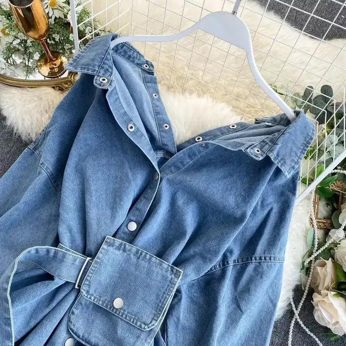 Chemise en denim polyester décontractée avec col rabattu pour femmes style streetwear occasions bureau et sorties casual