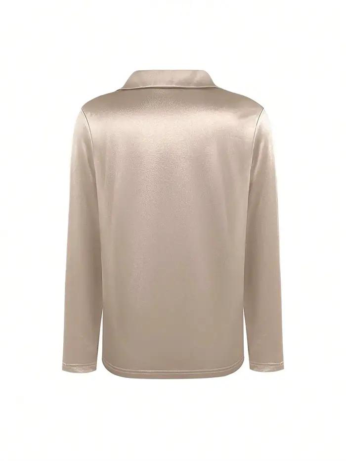 Chemise élégante en satin à col en V - Haut élégant à manches longues pour femme