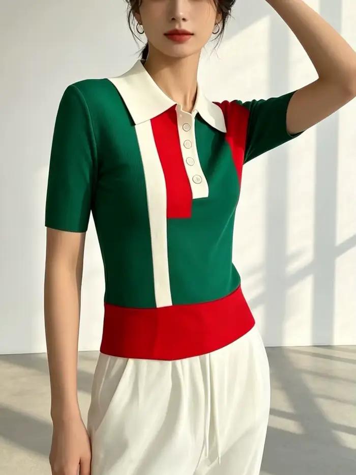 Modigirl tricot pull hauts pour femmes 2025 décontracté contraste couleur boutonné maigre manches courtes Polo t-shirts femme vêtements
