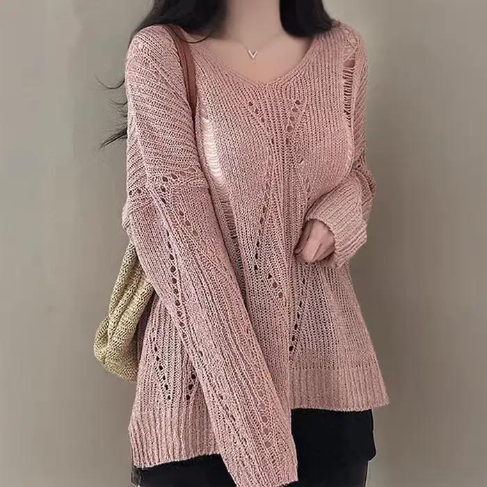 Pull en polyester grunge ajouré pour femmes, col rond, pull en détresse, style y2k, occassions spéciales