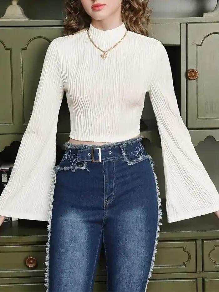Femmes texturé col montant évasé à manches longues haut court automne hiver élégant Style Preppy Y2K tricot côtelé mince t-shirt Blouse 2023