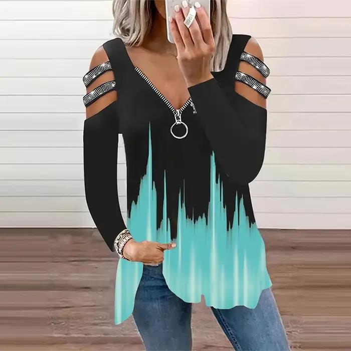T-shirt décontracté à manches longues et col en V pour femmes