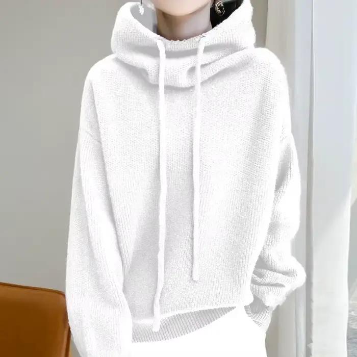 Pull-over en tricot épais et ample pour femme, nouvelle collection automne-hiver 2026, à capuche unie, avec cordon de serrage, manches longues, style vintage