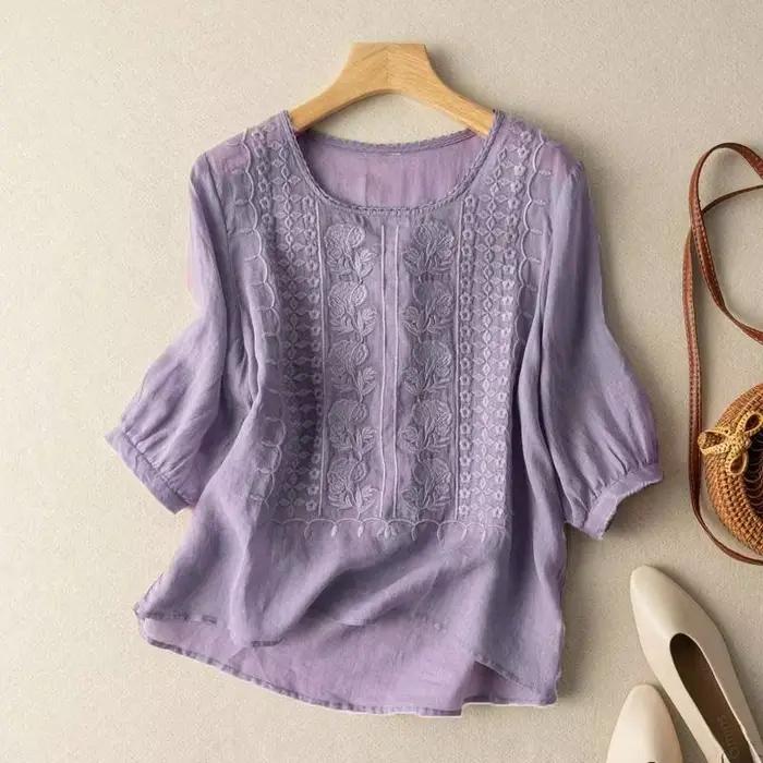 Chemisier Vintage Brodé à Col Rond Polyvalent pour Femmes Occasions Spéciales Été Leger Coupe Ample Décontracté