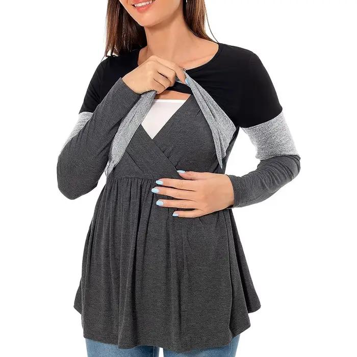T-shirt de maternité en rayonne à manches longues patchwork pour femmes enceintes fonction d'allaitement élégant pour grossesse hauts occassions spéciales