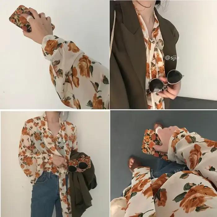 Chemisiers rétro à manches longues pour femmes design floral doux mode coréenne chic printemps automne