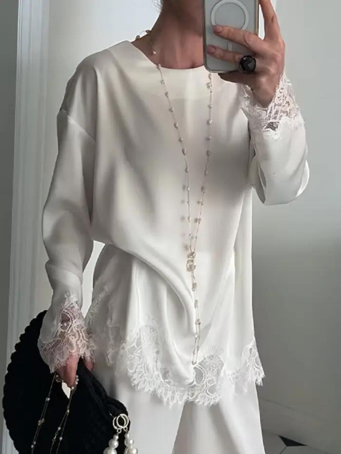Blouse élégante en satin et dentelle style rétro pour femme romantique chic décontractée tendance streetwear ensemble deux pièces ```