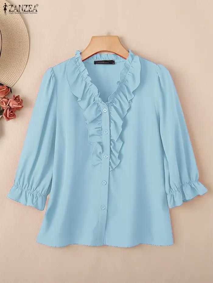 Chemise ZANZEA en polyester et élasthanne à col en V avec volants pour femmes, blouse décontractée et élégante pour bureau et occasions spéciales