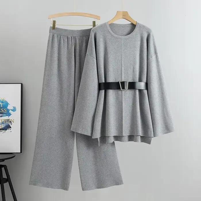 Ensemble 2 pièces pull tricoté et pantalon à jambes larges pour femmes, col rond, élégant, viscoso-polymère, pour bureau et soirées, automne-hiver