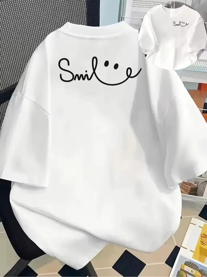 T-shirt graphique coloré sourire joyeux haut décontracté col rond manches courtes slogan positif pour femmes toutes saisons