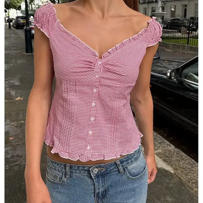 Fée Grunge Crop Tops pour Femmes y2k Vintage Cap Manches Chemises Babydoll Boutonné Volants Ourlet Esthétique Ajusté T-shirts