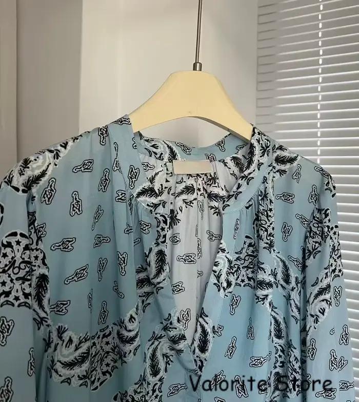 Chemisier Femme Bleu Imprimé Col V Manches Longues 2026ss NOUVEAU Hauts Chemises Haute Qualité