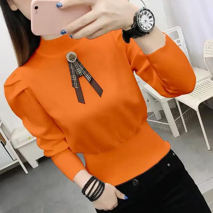 Pull en polyester à col montant et manches bouffantes pour femmes, style coréen doux, nouvelles couleurs pour printemps et été