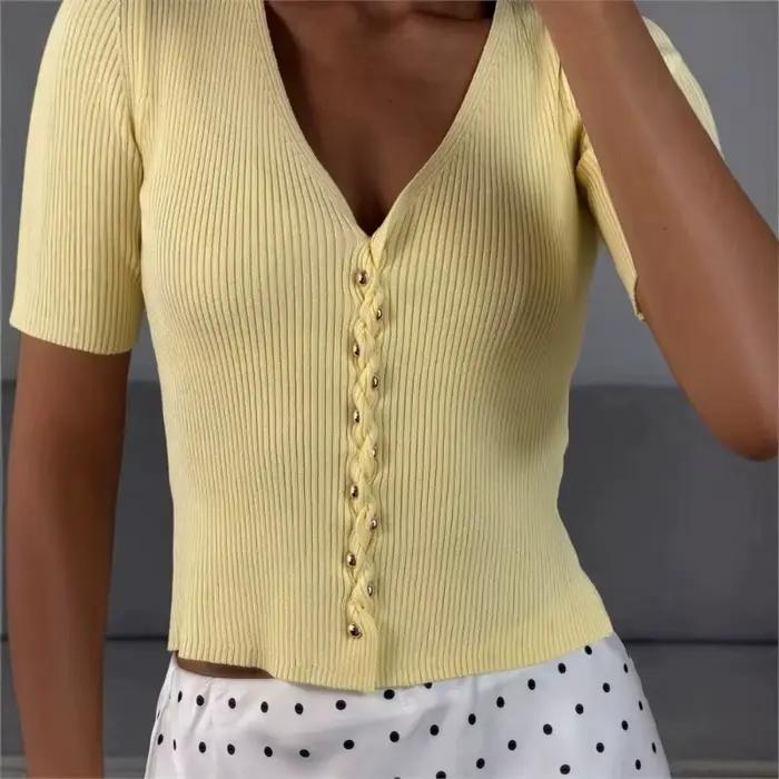 Tuularose – hauts tricotés pour femmes, pull côtelé à col en v, couleur unie, patchwork, streetwear, élégant, décontracté, t-shirts féminins
