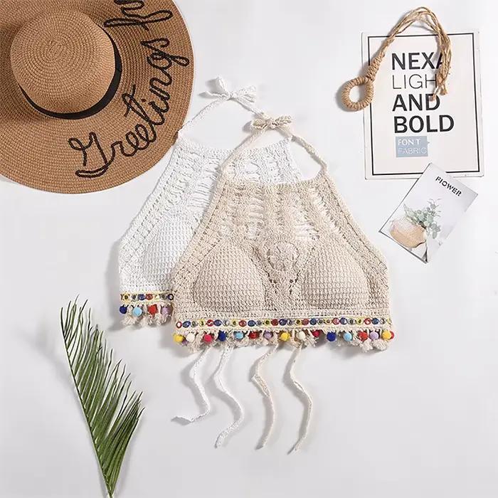 Haut court en tricot dos nu pour femme, style ethnique bohème, sexy, léger, amissié, crochet, glands, ourlet, licou, soutiens-gorge, bustier pour printemps été ```