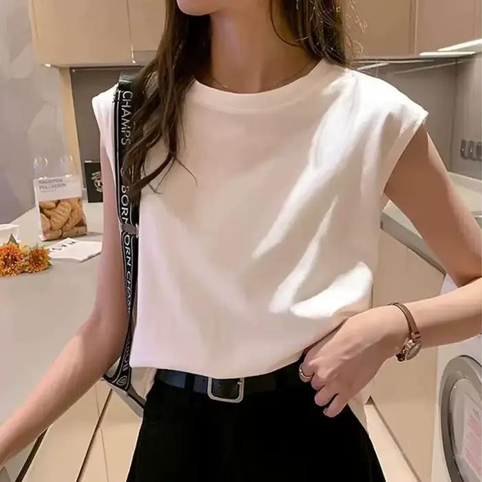 T-shirt sans manches blanc pour femme junior décontracté polyester été occasions spéciales étudiante