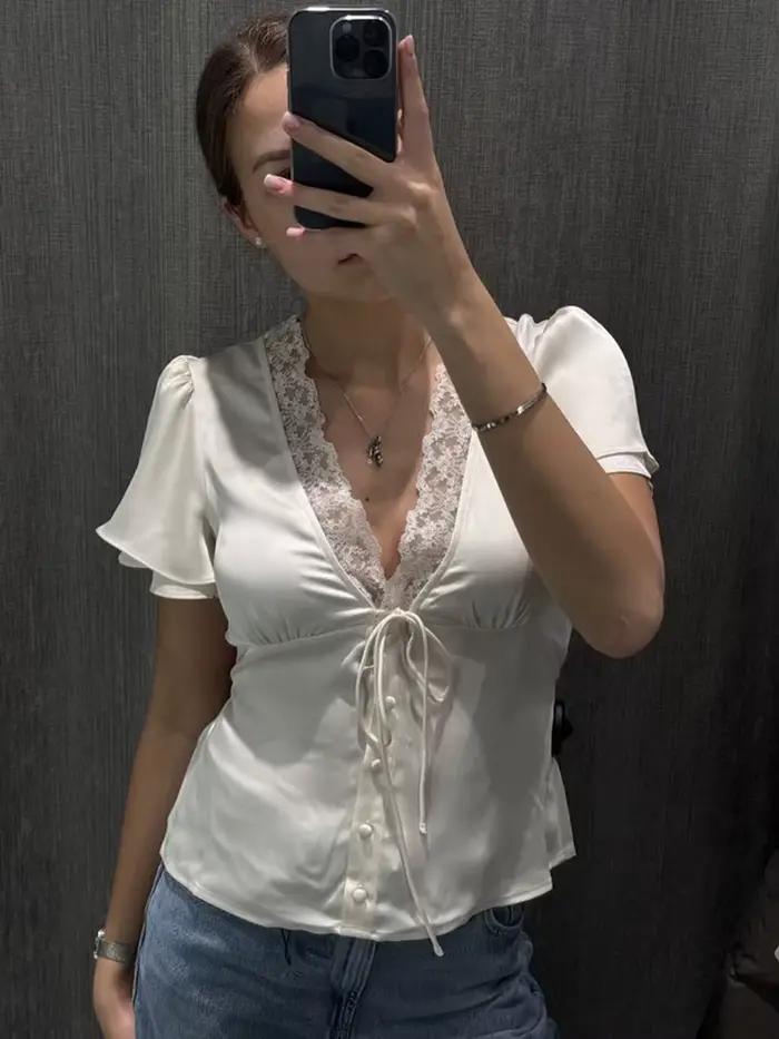Tossy dentelle été col en v T-shirt haut pour les femmes à lacets évider à manches courtes imprimé
