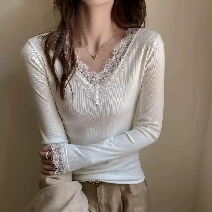 T-shirt en dentelle blanche Rasekon pour femmes, haut sexy printemps automne ajusté dentelle col en V tricoté polyester occassions spéciales soirées romantiques