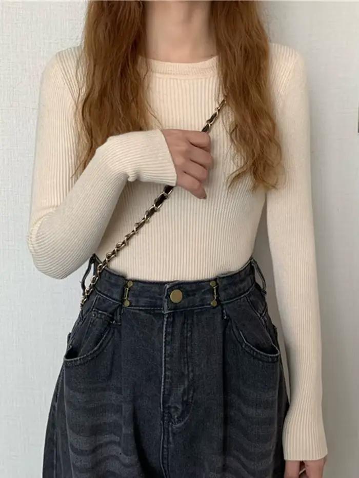 Pull pour femmes automne-hiver 2026, à manches longues, col rond, basique, tendance, élastique, en tricot uni.