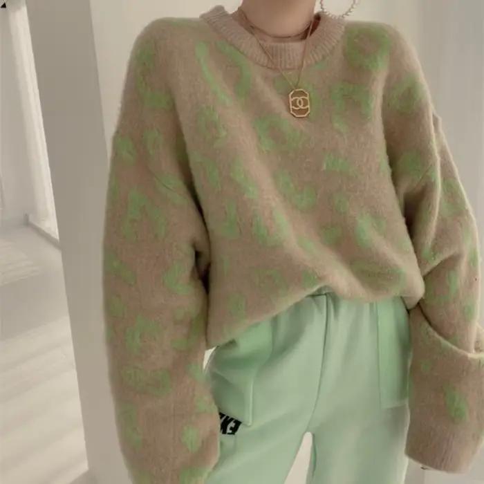 Pull en polyester imprimé léopard ample et décontracté pour femme, nouvelles collections automne-hiver polyvalent et élégant
