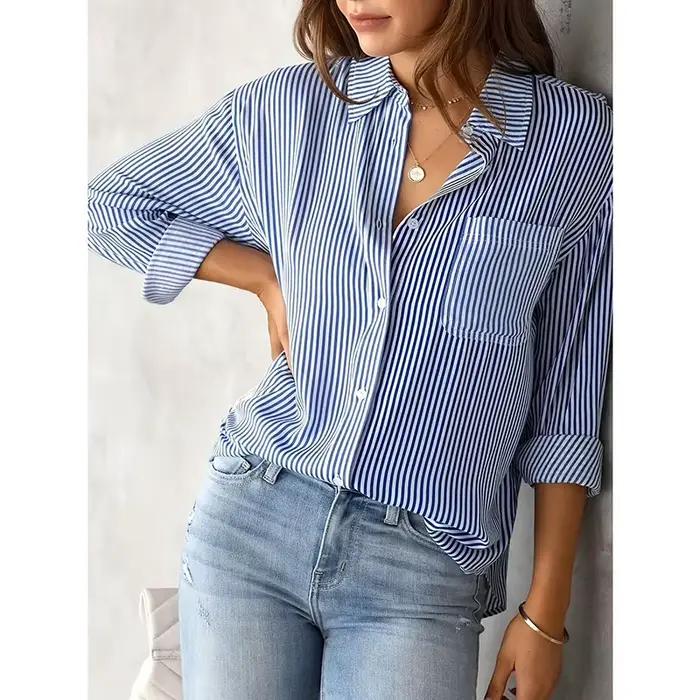 Chemise Classique à Rayures Bleues Pour Femmes Style Décontracté Taille Ample Femmes Occasions Spéciales Bureau Automne Hiver