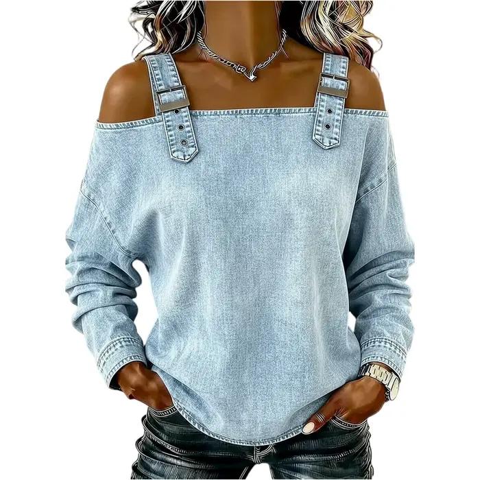 Haut en jean pour femme élégant et décontracté avec épaules dénudées et manches longues pour toutes les occasions