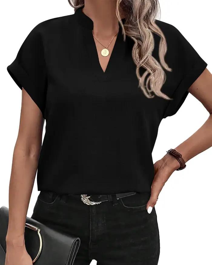Chemisier à col en V pour femme, t-shirt texturé en polyester, style décontracté, couleur solide, manches courtes, polyvalent pour diverses occasions