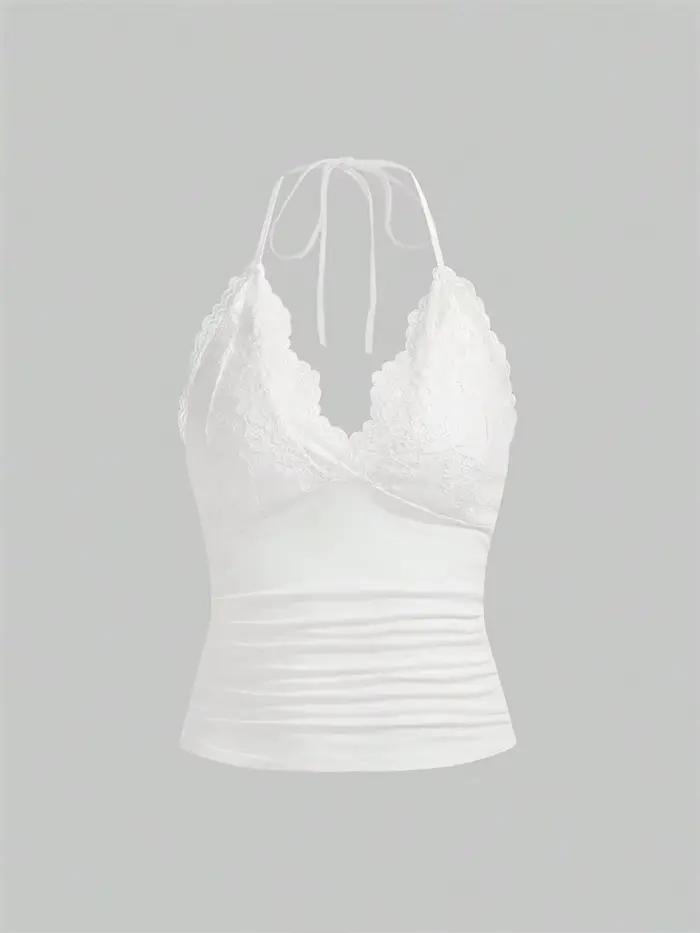 Haut court froncé en dentelle pour femmes style grunge sexy goth punk dos nu haut caraco streetwear vêtements y2k été 2024