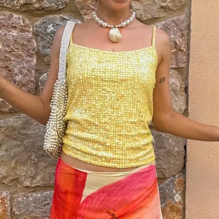 Y2k – haut court en Crochet à paillettes pour femmes