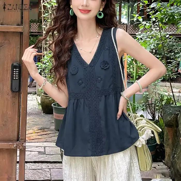 Débardeur ZANZEA en polyester et élasthanne décontracté avec décoration tridimensionnelle pour femmes, style bohème, élégant, adapté aux vacances et aux jours de plage
