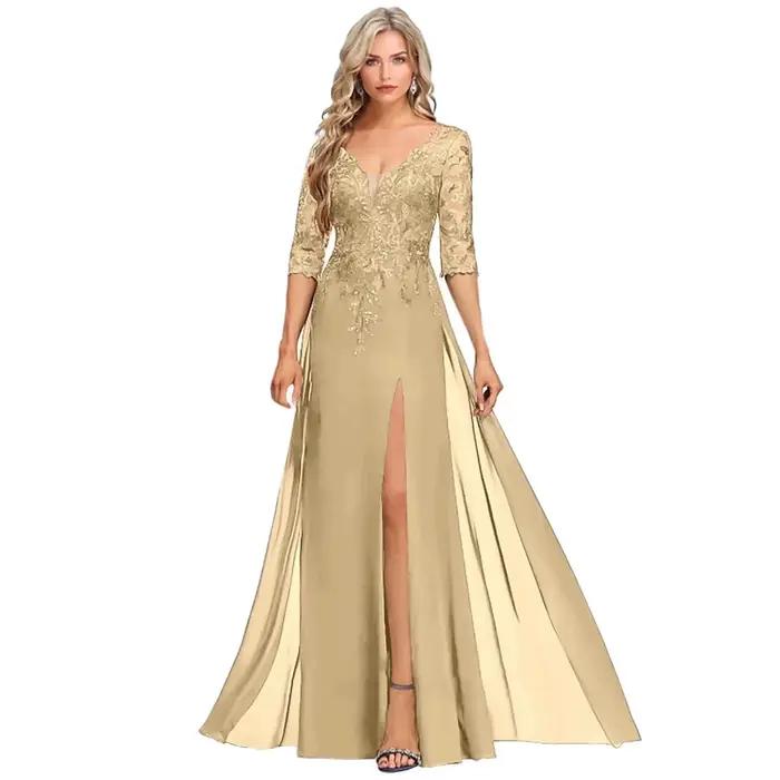 Robe de soirée sirène en mousseline à col en V avec dentelle et sequins pour bal de promo et mariage