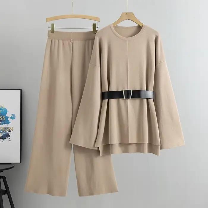 Ensemble 2 pièces pull tricoté et pantalon à jambes larges pour femmes, col rond, élégant, viscoso-polymère, pour bureau et soirées, automne-hiver